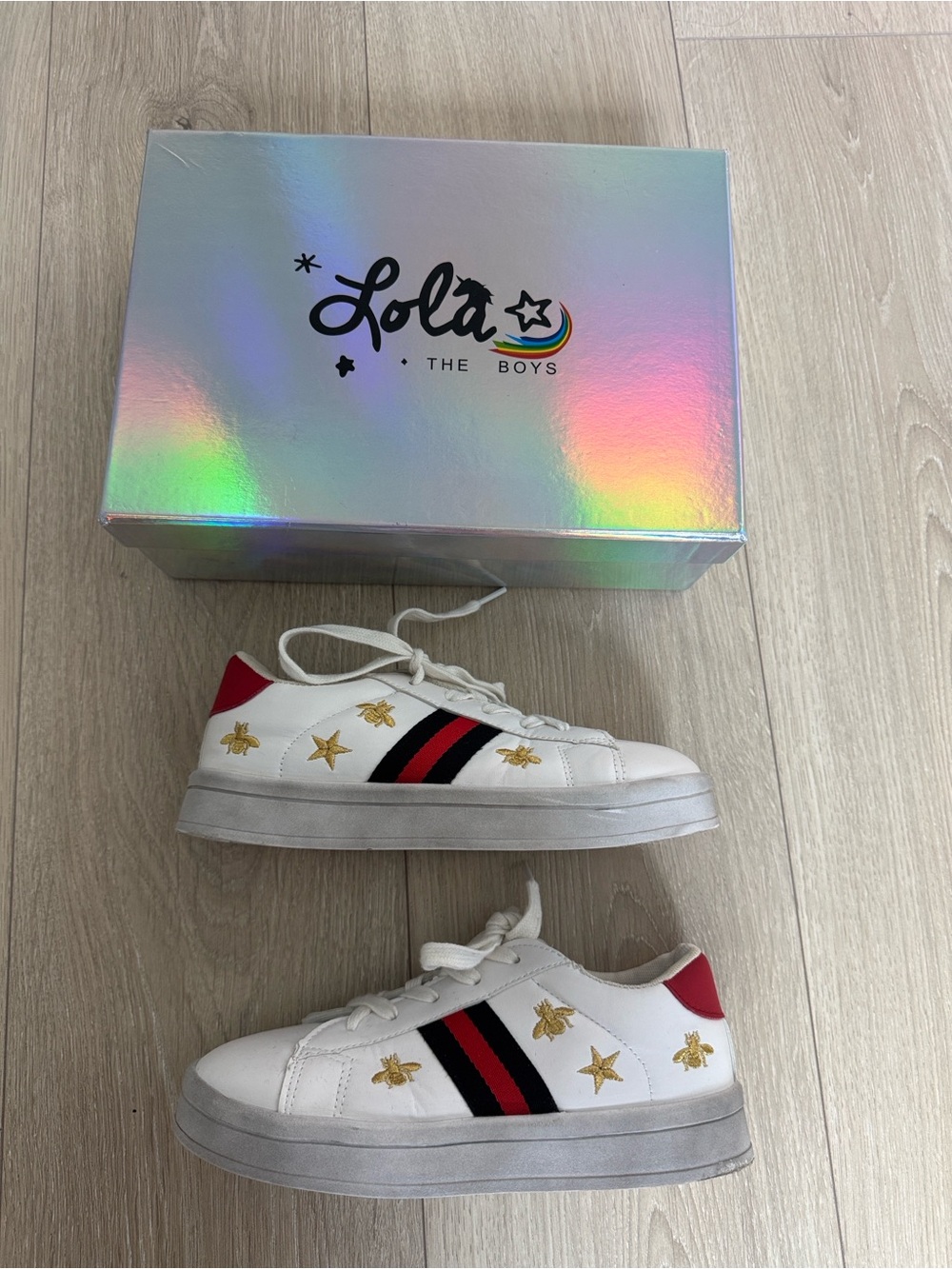 Lola + The Boys White Sneakers with Red & Black Stripe and Gold Bee - Picture 5 of 6
